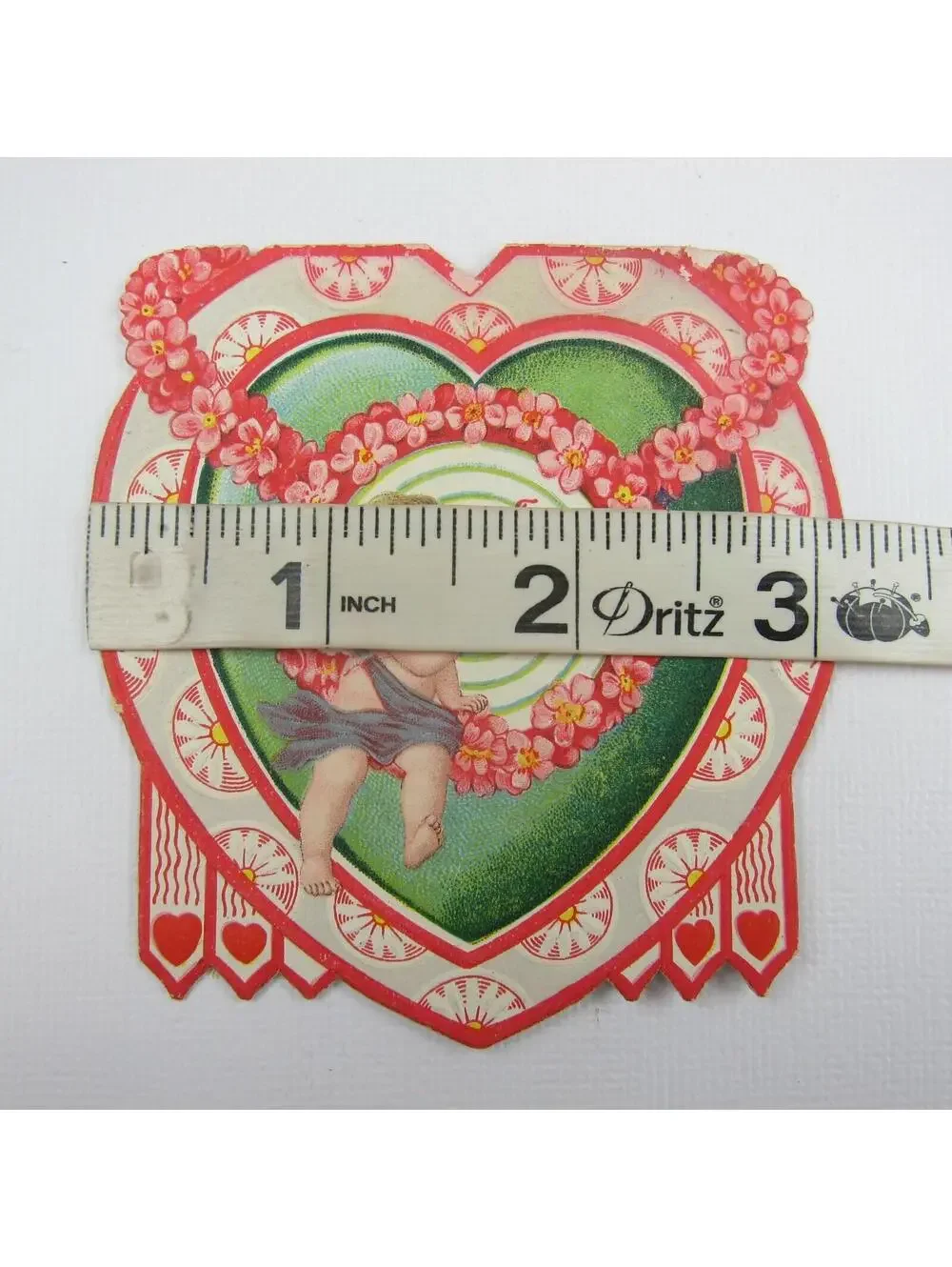 Vintage Valentine Card Die cut Blonde Cupid Target Red Heart Bullseye Flowers